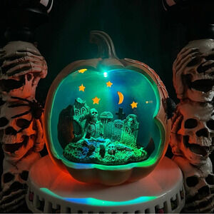 Halloween 7" Color Changing Spooky Skeleton Graveyard Scene Spiderweb Pumpkin